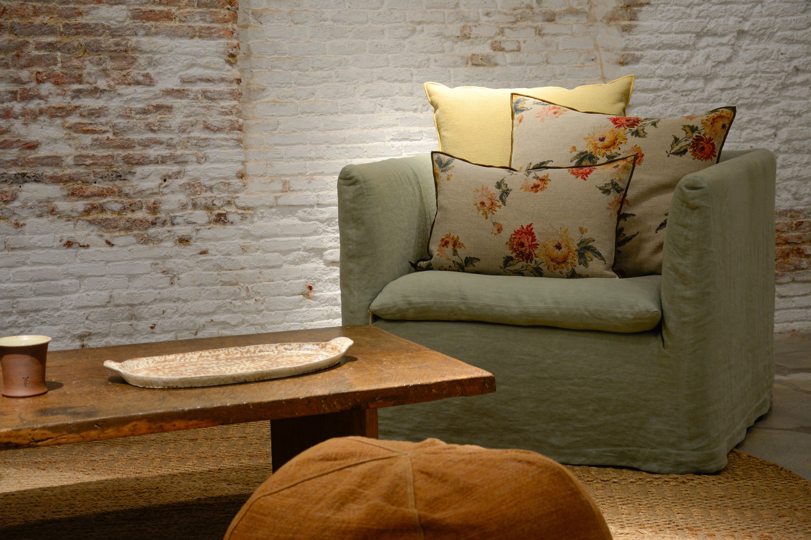 Green linen armchair