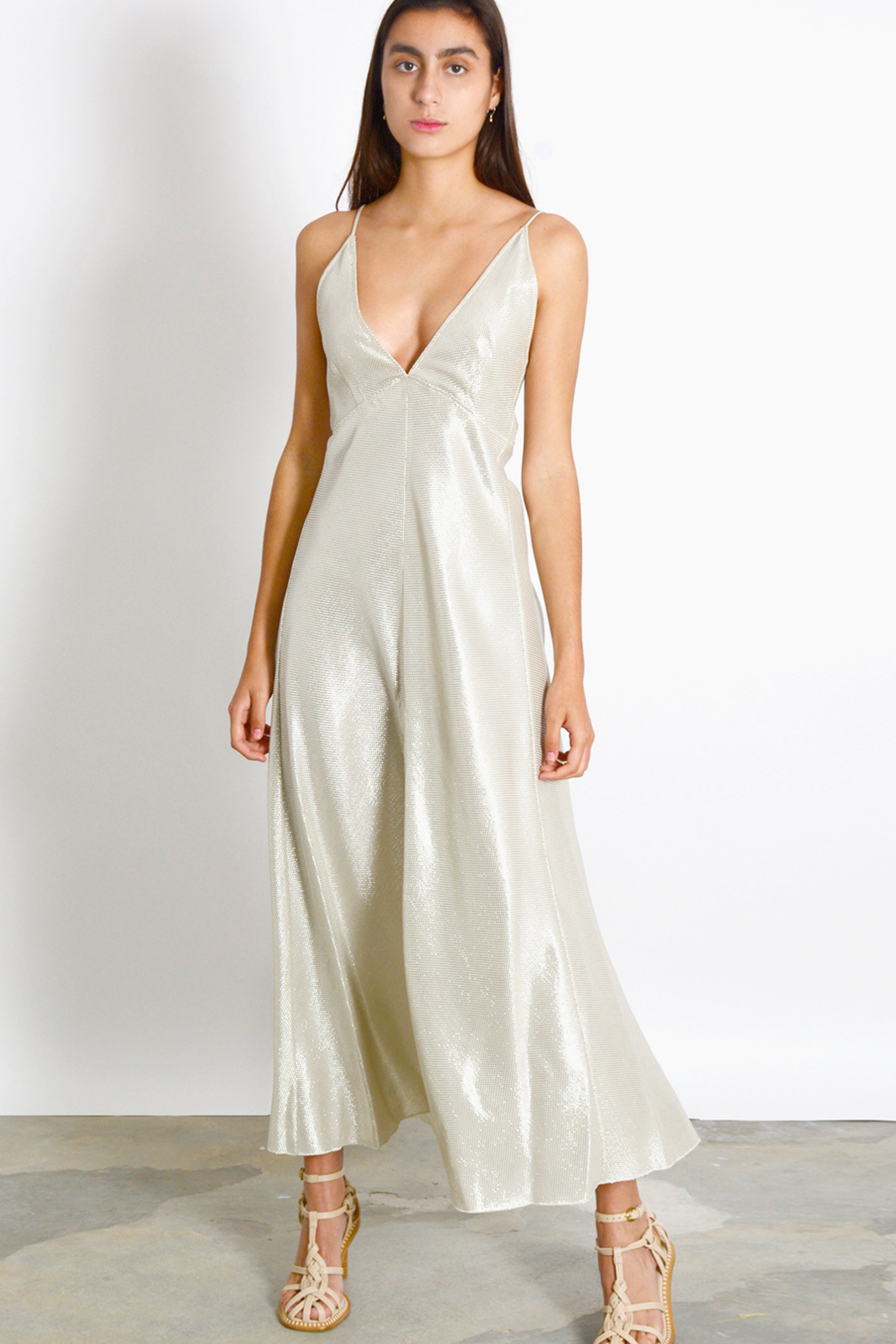 Lurex mermaid dress with v-neck straps