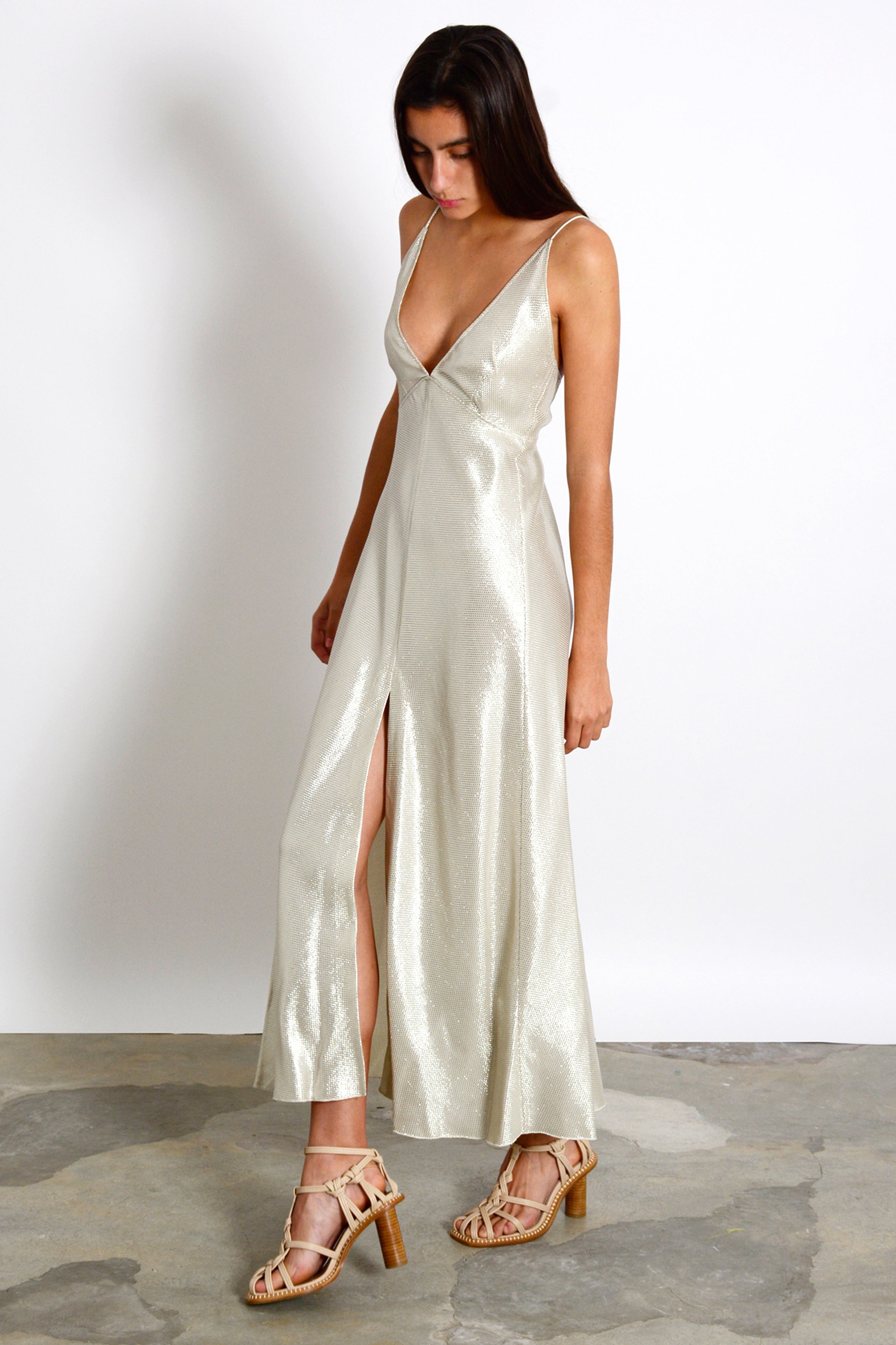 Lurex mermaid dress with v-neck straps