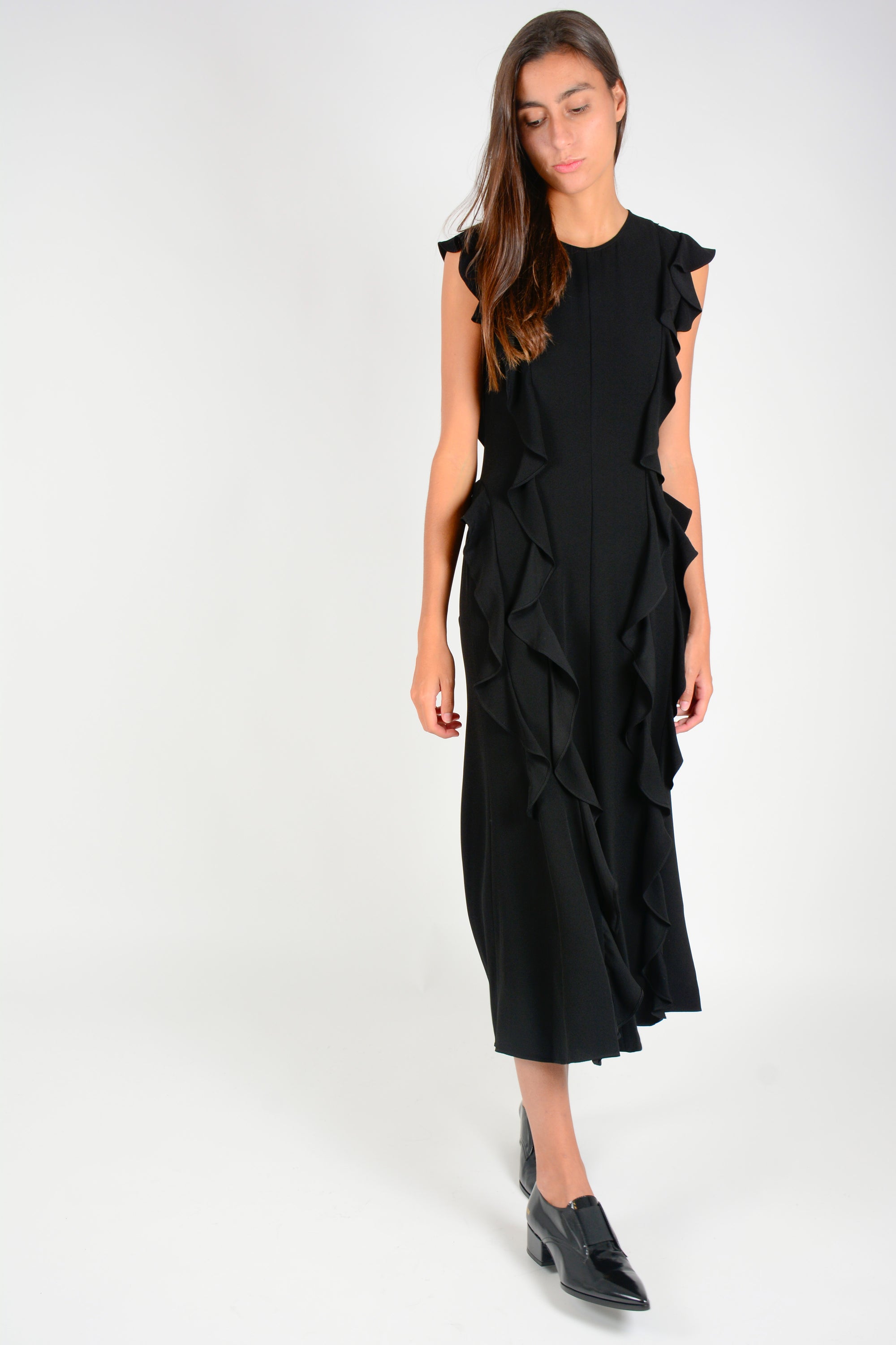 Vestido volantes verticales midi
