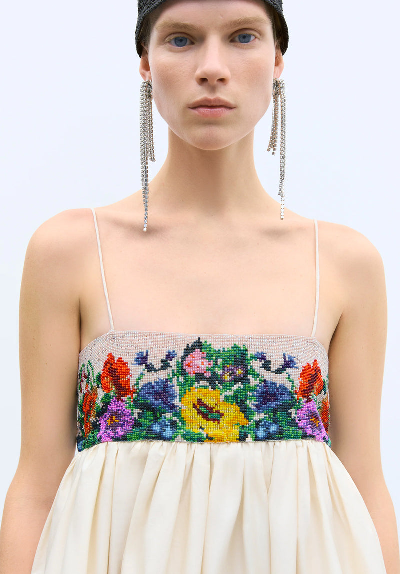 Vestido handmade beaded mini crema