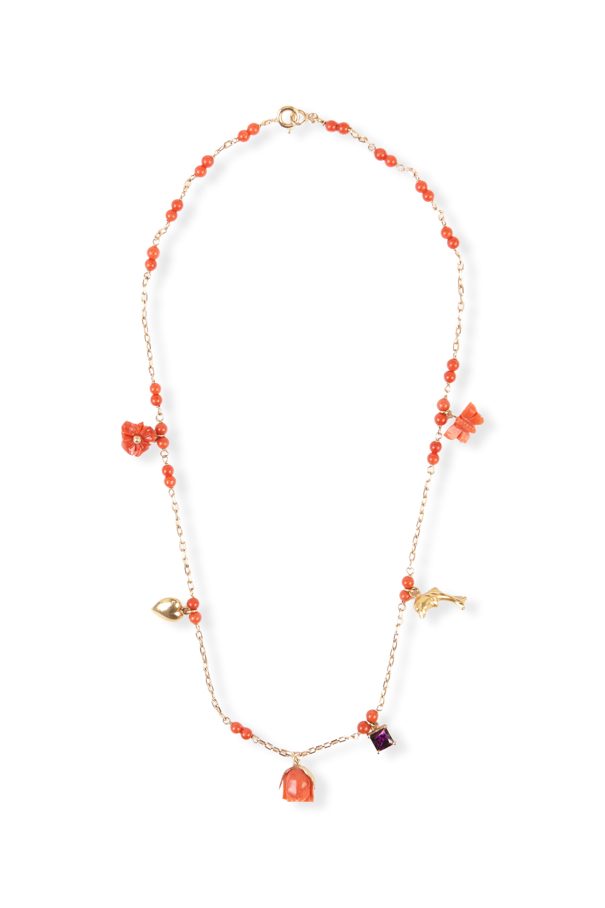Collar cadena y corales flores, granate, mariposa y corazón