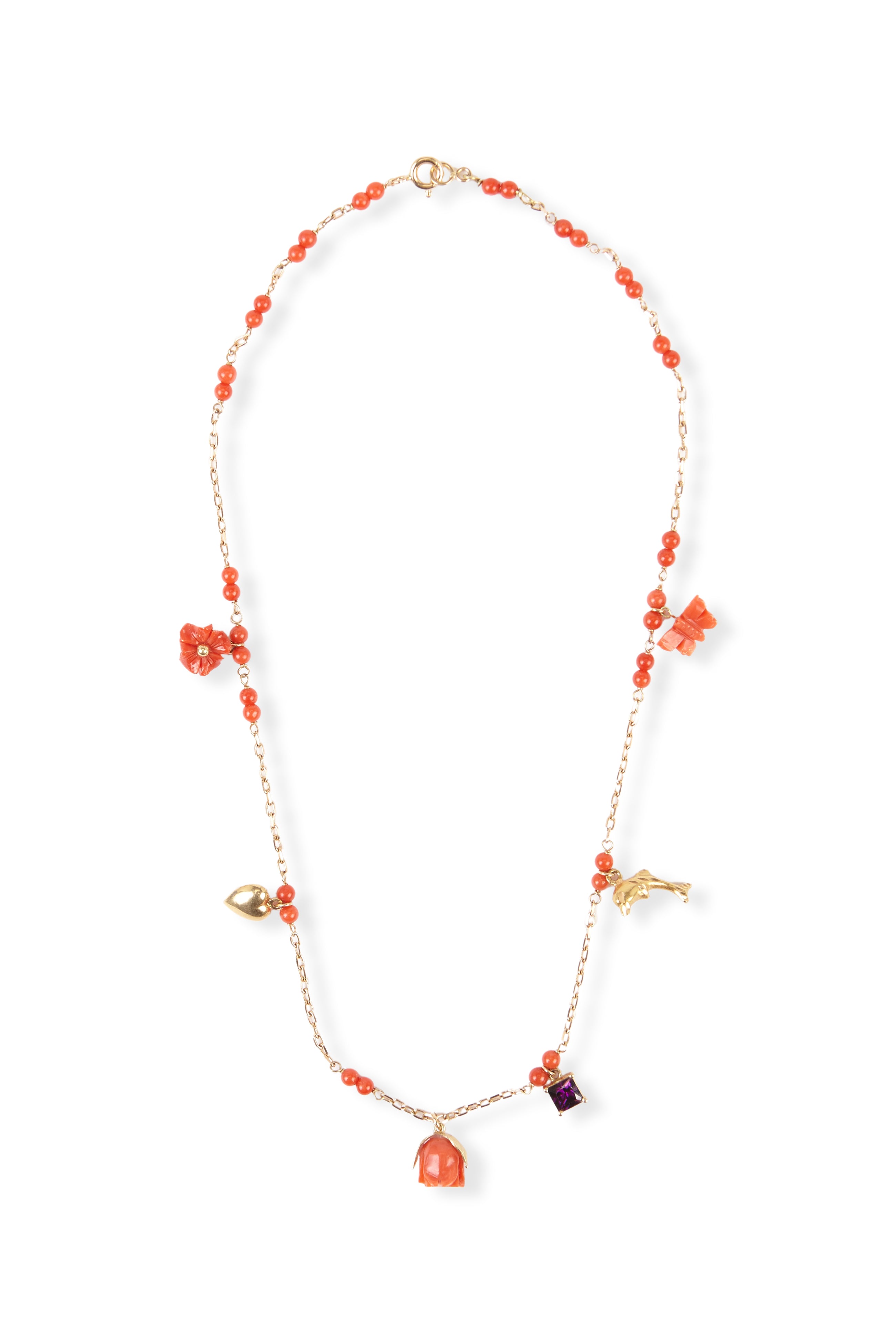 Collar cadena y corales flores, granate, mariposa y corazón