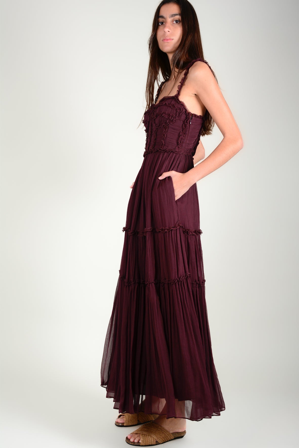 Vestido tirantes seda body plisado