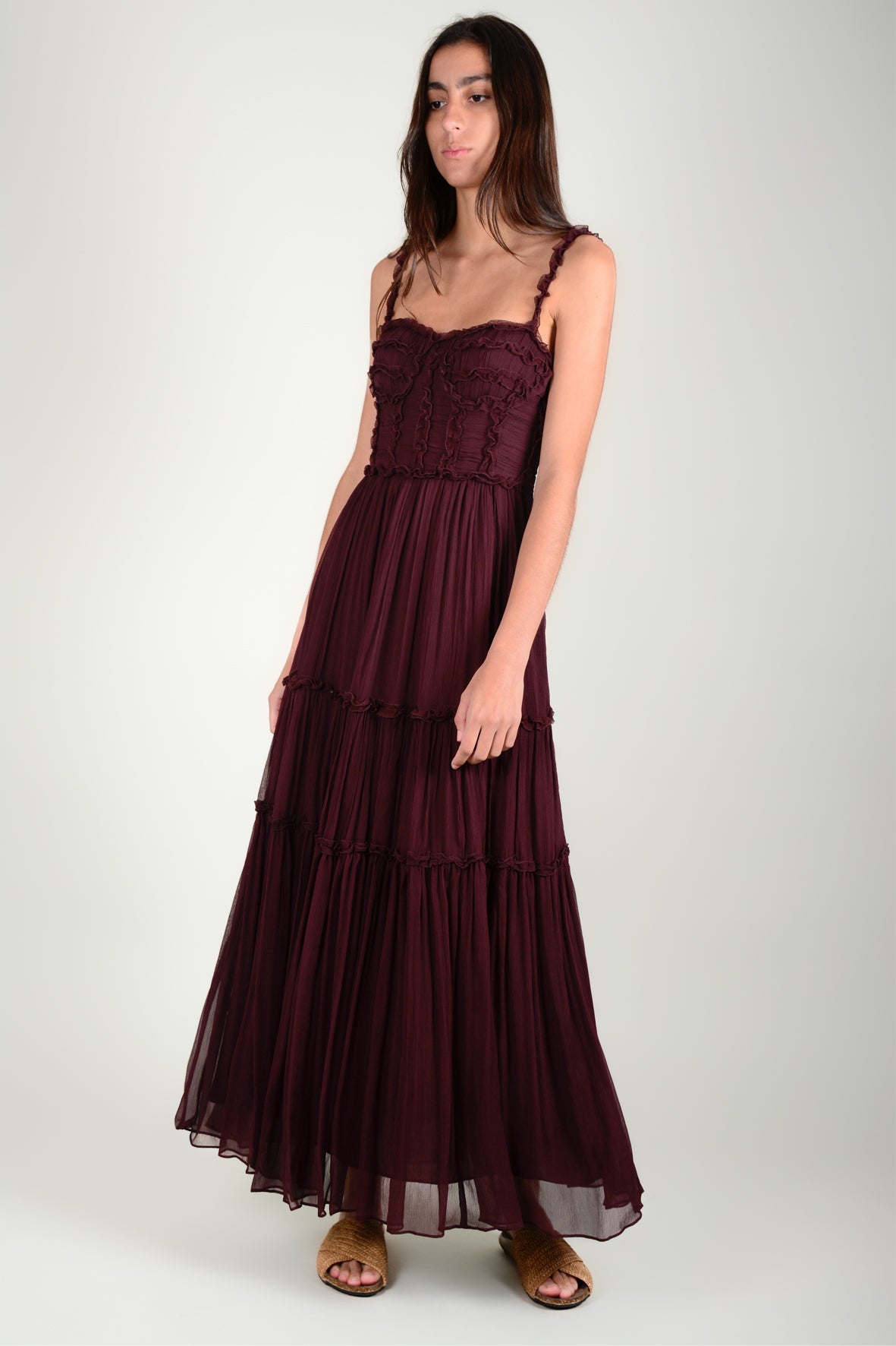 Vestido tirantes seda body plisado