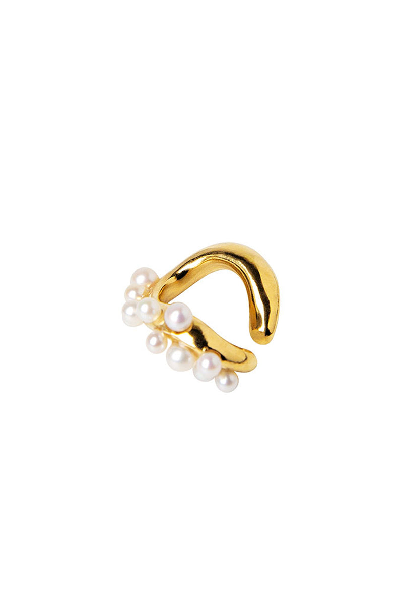 Ear cuff plata bañado en oro + perlas