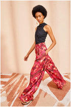 Wide elastic silk printed pants