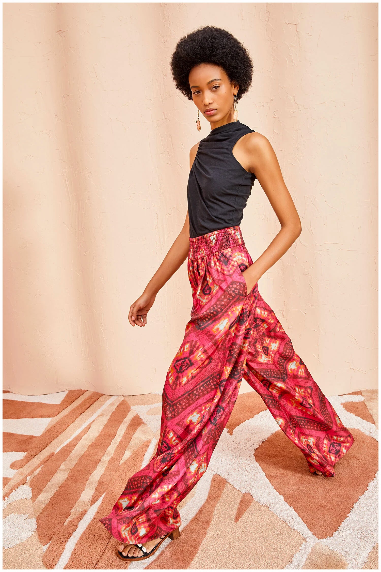 Wide elastic silk printed pants