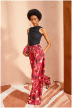 Wide elastic silk printed pants