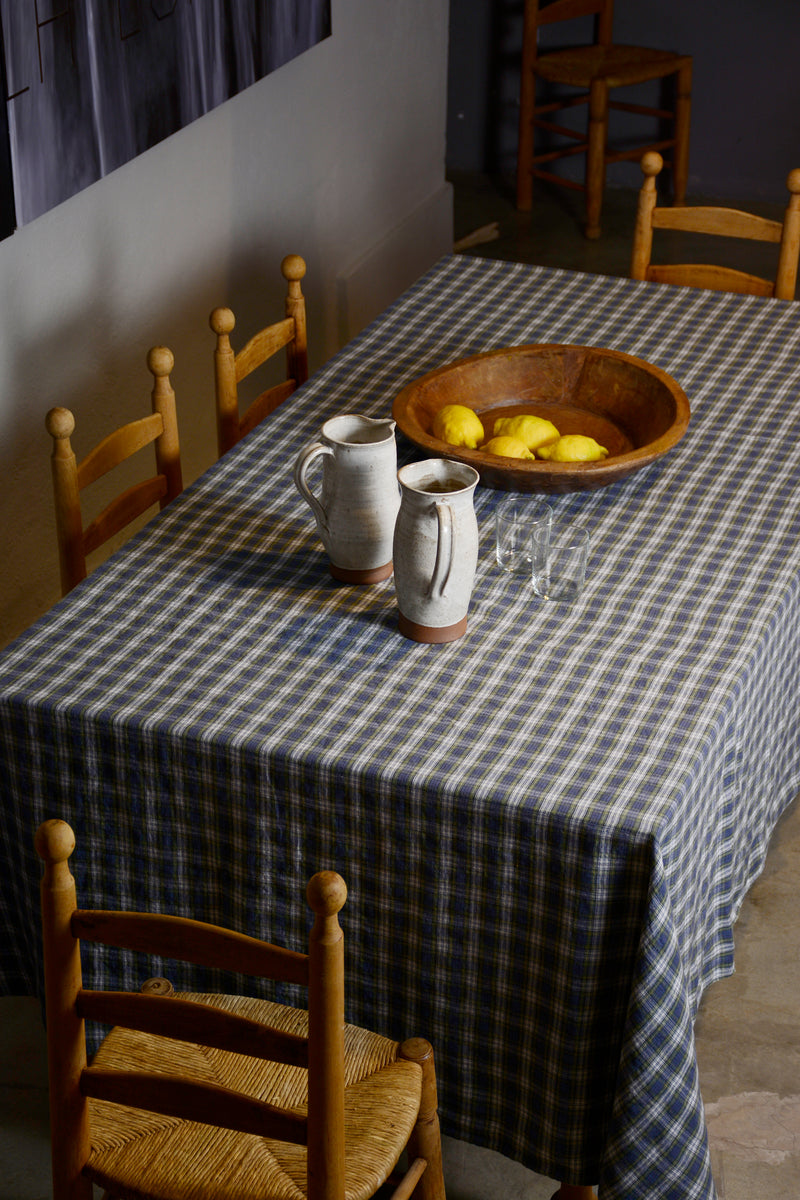 Blue and green checked linen tablecloth