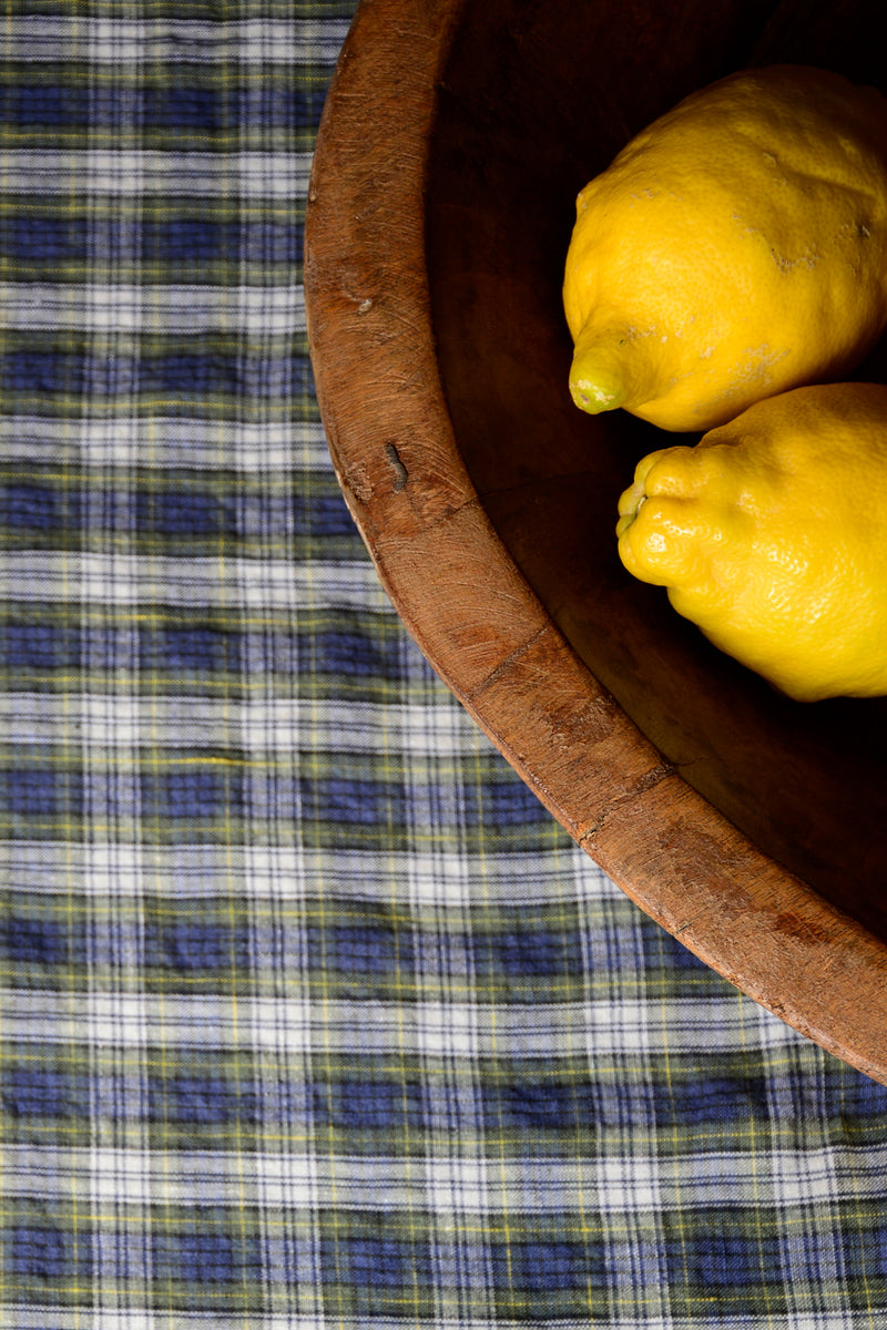 Blue and green checked linen tablecloth