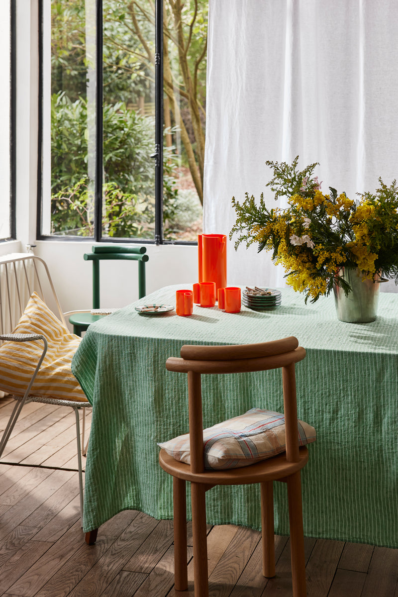 Green and white striped linen tablecloth 