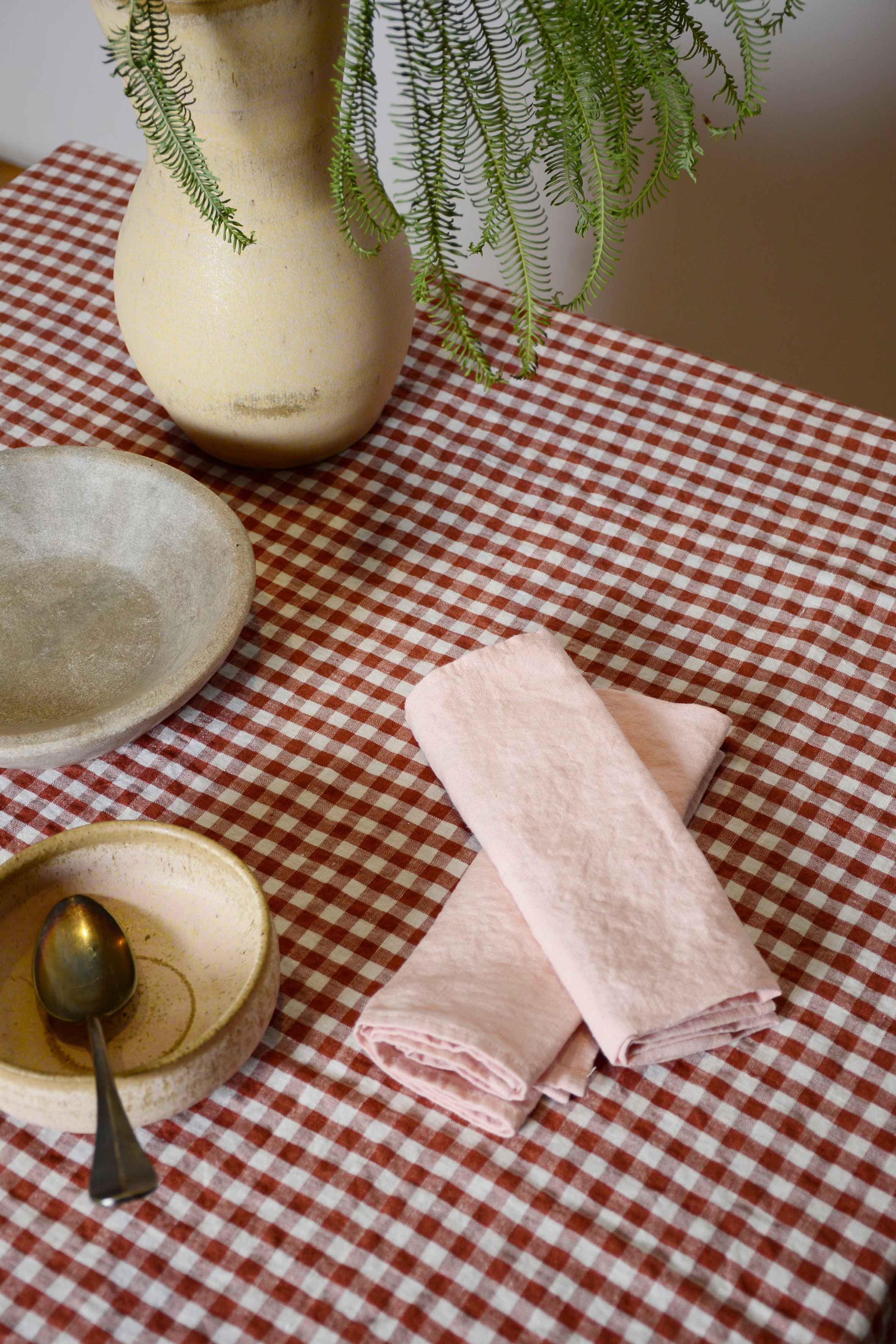 Chestnut gingham linen tablecloth