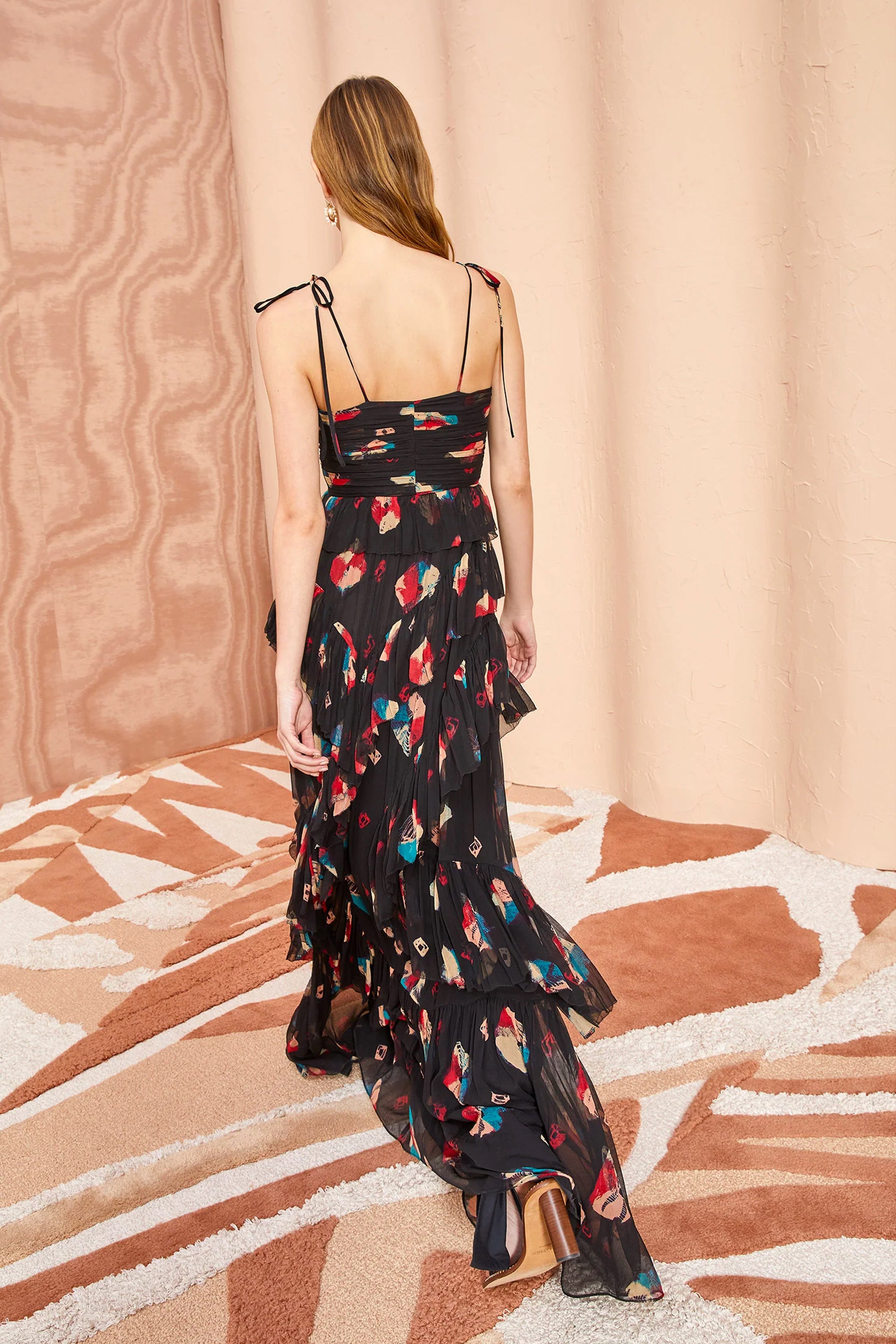 Long chiffon dress with straps and spots